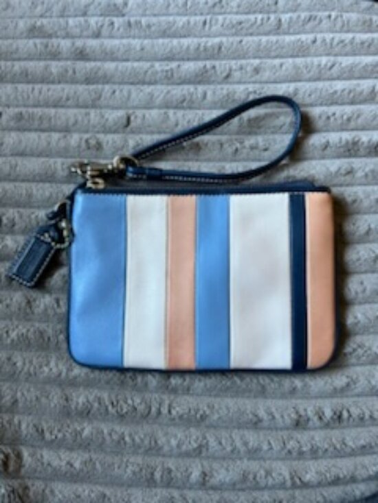Coach Handbags - Coach Striped Leather Wristlet in Blue, White & Peach